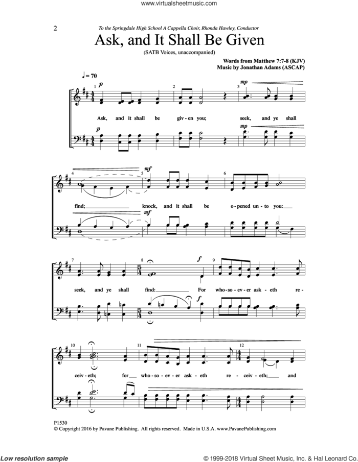 Ask And It Shall Be Given sheet music for choir (SATB: soprano, alto, tenor, bass) by Jonathan Adams, intermediate skill level