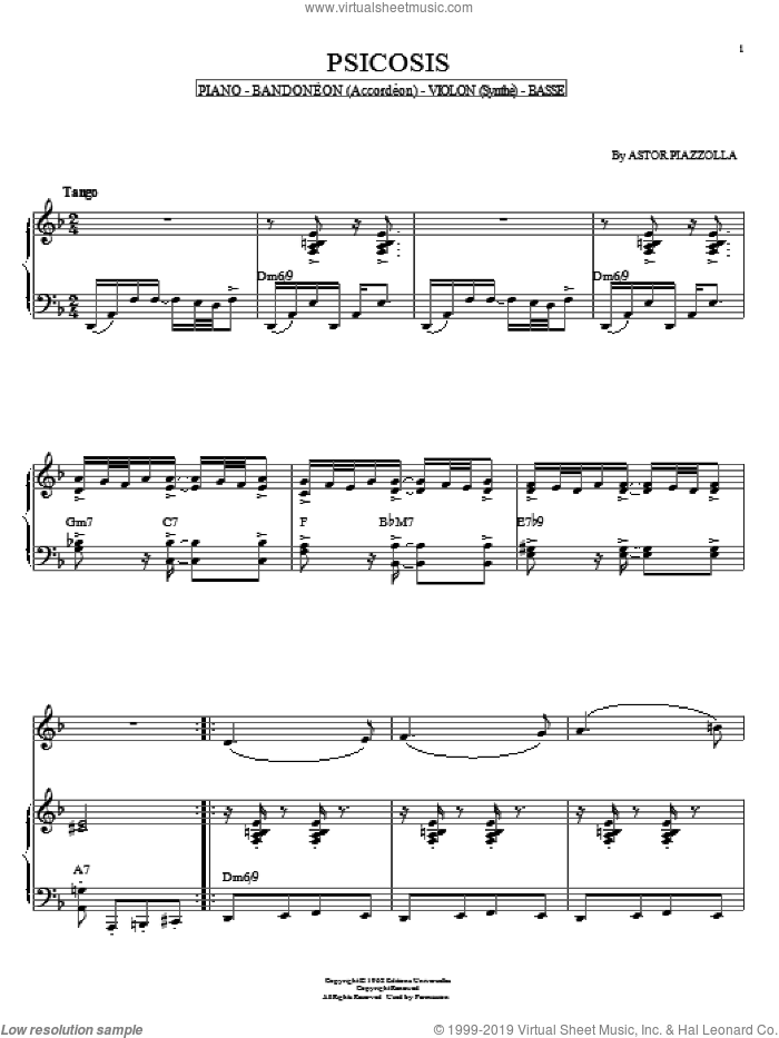 Psicosis sheet music for piano solo by Astor Piazzolla, intermediate skill level