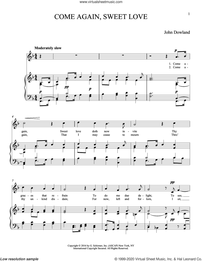 Come Again, Sweet Love sheet music for voice and piano by John Dowland and Joan Frey Boytim, classical score, intermediate skill level