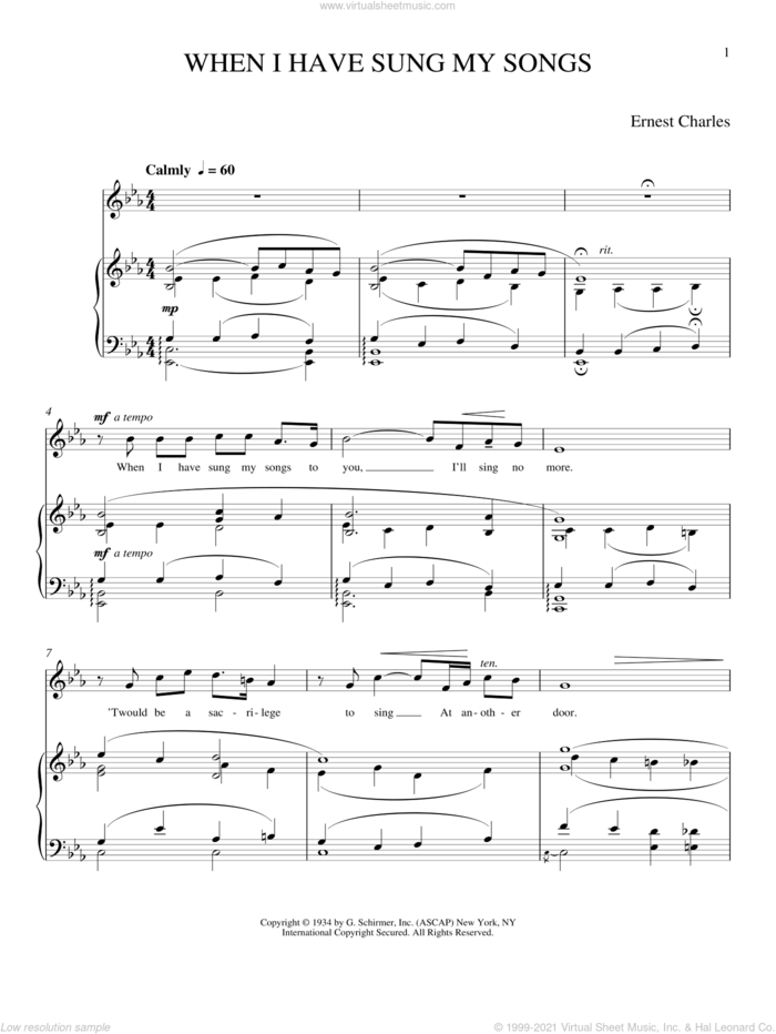 When I Have Sung My Songs sheet music for voice and piano (Tenor) by Ernest Charles, classical score, intermediate skill level