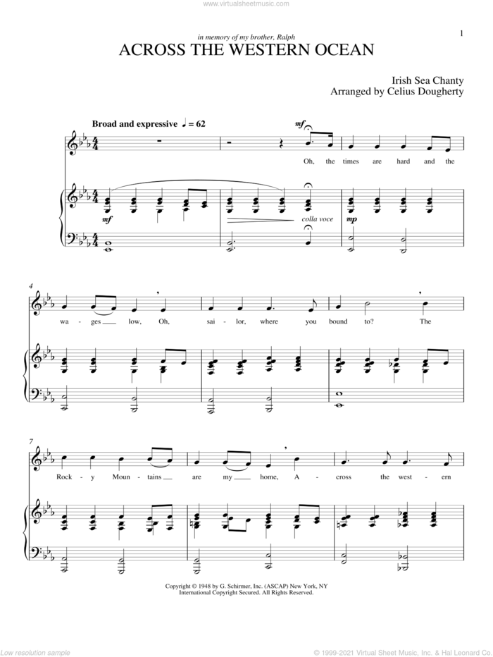 Across The Western Ocean (Five Sea Chanties, No. 3) sheet music for voice and piano (Tenor) by Celius Dougherty, classical score, intermediate skill level