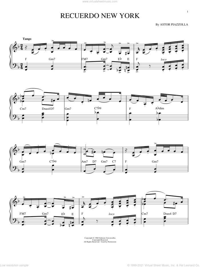 Recuerdo New York sheet music for piano solo by Astor Piazzolla, intermediate skill level