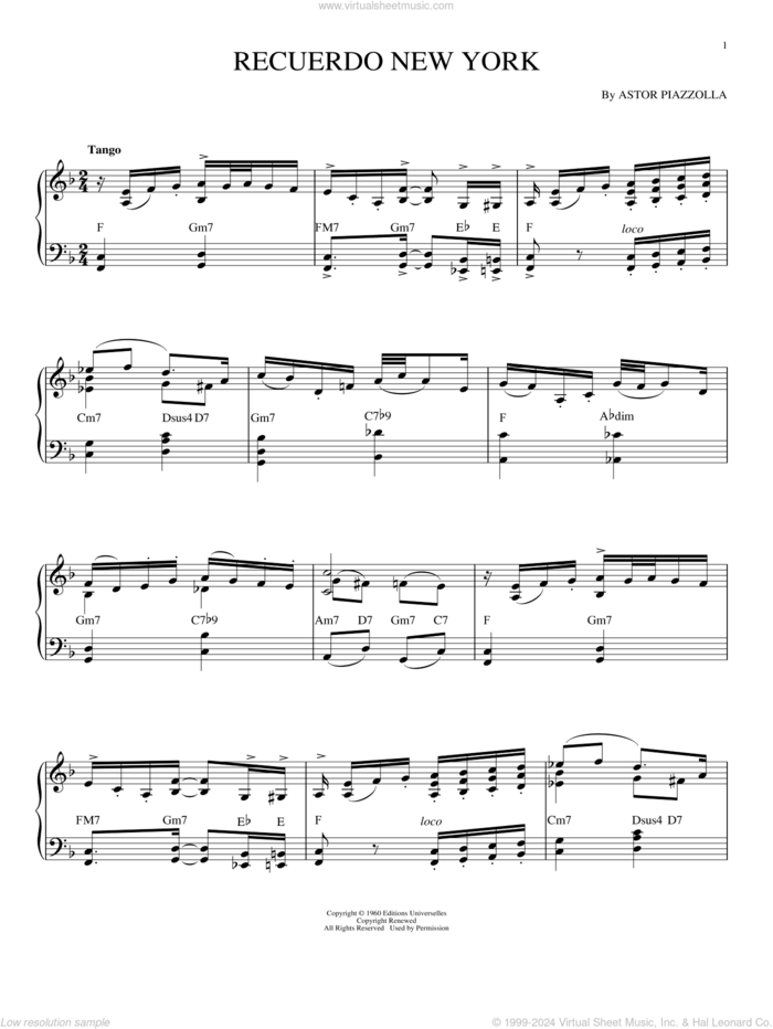 Recuerdo New York sheet music for piano solo by Astor Piazzolla, intermediate skill level