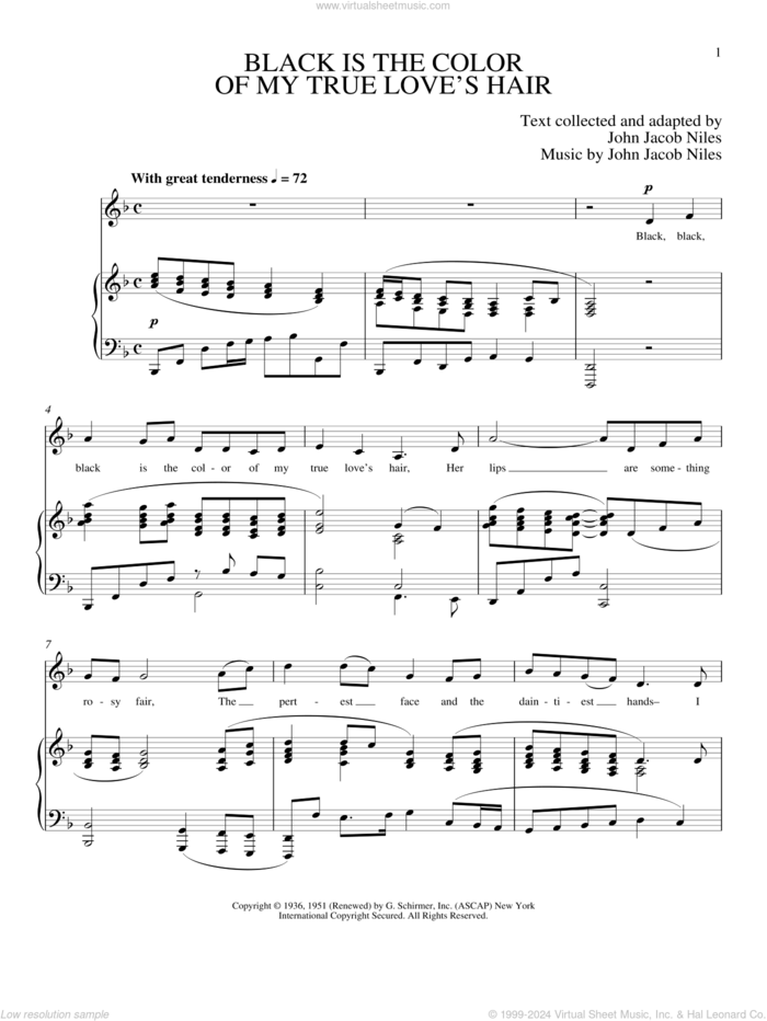 Black Is The Color Of My True Love's Hair sheet music for voice and piano by Joan Frey Boytim, intermediate skill level