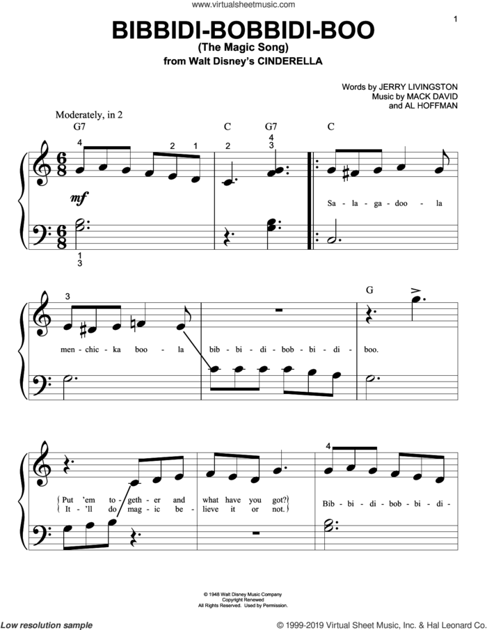 Bibbidi-Bobbidi-Boo (The Magic Song) (from Cinderella) sheet music for piano solo (big note book) by Verna Felton, Al Hoffman, Jerry Livingston and Mack David, easy piano (big note book)