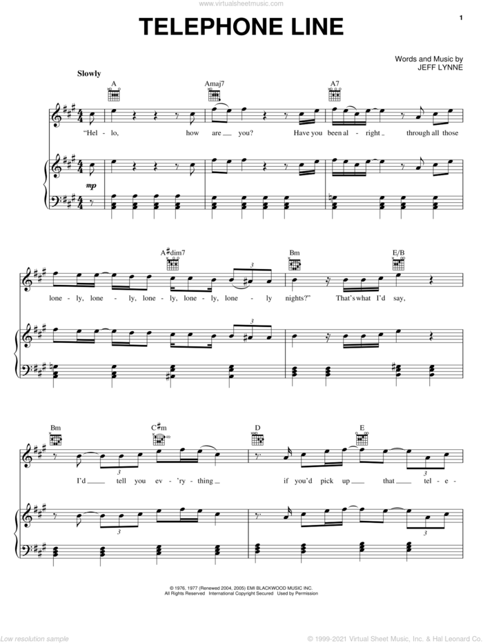 Telephone Line sheet music for voice, piano or guitar by Electric Light Orchestra and Jeff Lynne, intermediate skill level