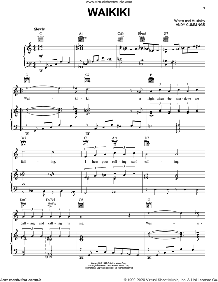 Waikiki sheet music for voice, piano or guitar by Andy Cummings, intermediate skill level
