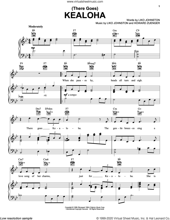 Kealoha (There Goes) sheet music for voice, piano or guitar by Liko Johnston and Howard Zuenger, intermediate skill level