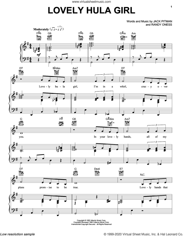 Lovely Hula Girl sheet music for voice, piano or guitar by Randy Oness and Jack Pitman, intermediate skill level