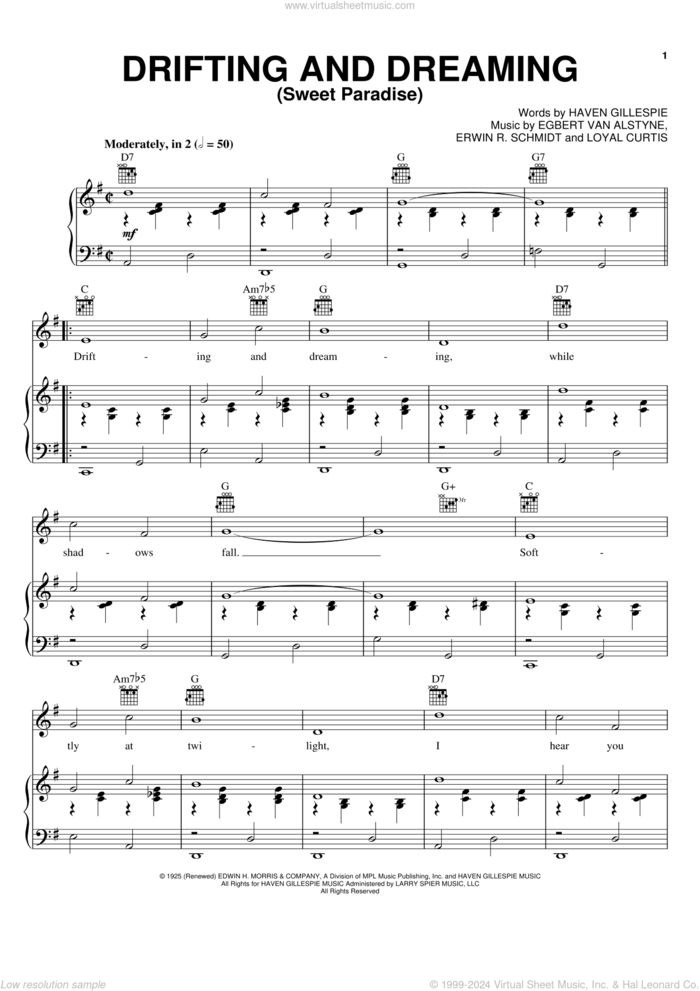 Drifting And Dreaming (Sweet Paradise) sheet music for voice, piano or guitar by Egbert Van Alstyne, Erwin R. Schmidt, Haven Gillespie and Loyal Curtis, intermediate skill level
