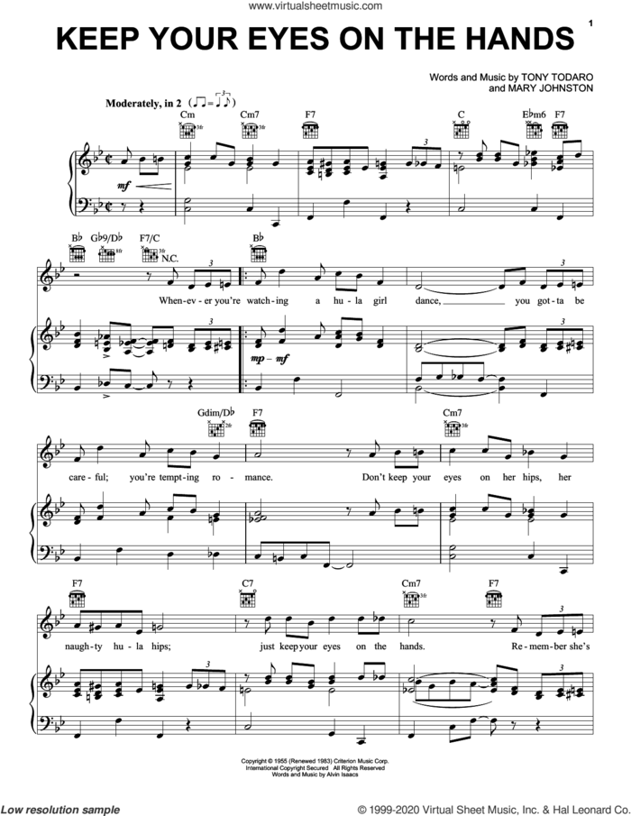 Keep Your Eyes On The Hands sheet music for voice, piano or guitar by Tony Todaro and Mary Johnston, intermediate skill level