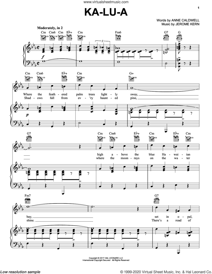 Ka-lu-a sheet music for voice, piano or guitar by Anne Caldwell and Jerome Kern, intermediate skill level