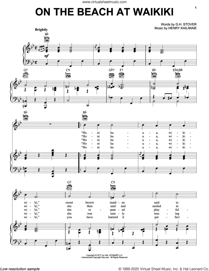 On The Beach At Waikiki sheet music for voice, piano or guitar by G.H. Stover and Henry Kailimaie, intermediate skill level