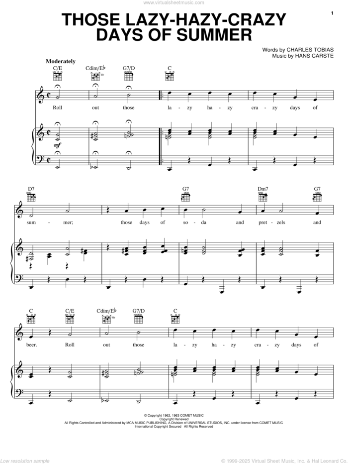 Those Lazy-Hazy-Crazy Days Of Summer sheet music for voice, piano or guitar by Nat King Cole, Charles Tobias and Hans Carste, intermediate skill level