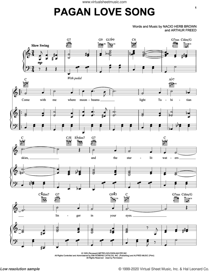 Pagan Love Song sheet music for voice, piano or guitar by Nacio Herb Brown and Arthur Freed, intermediate skill level