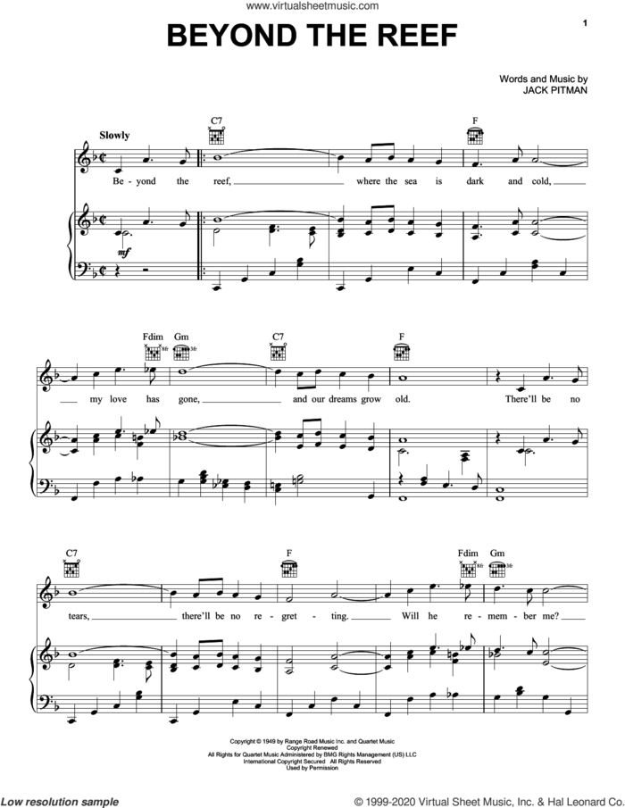 Beyond The Reef sheet music for voice, piano or guitar by Jack Pitman, intermediate skill level