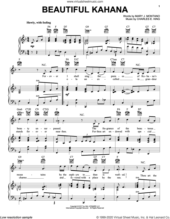 Beautiful Kahana sheet music for voice, piano or guitar by Mary J. Montano and Charles E. King, intermediate skill level