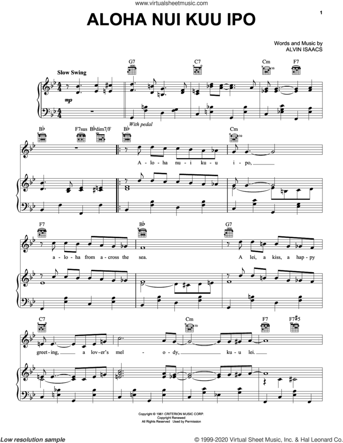 Aloha Nui Kuu Ipo sheet music for voice, piano or guitar by Alvin Isaacs, intermediate skill level