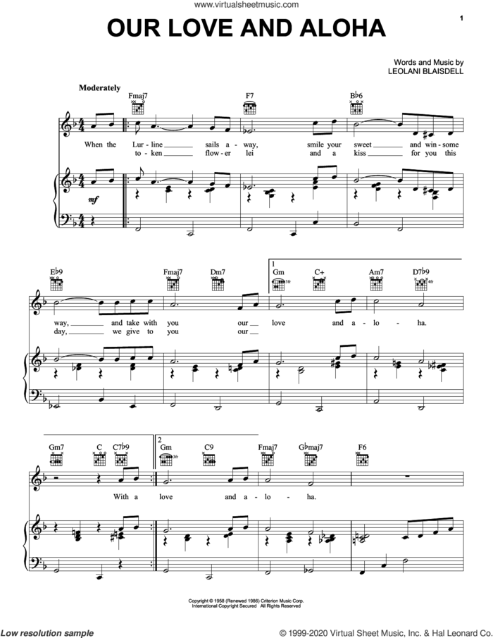 Our Love And Aloha sheet music for voice, piano or guitar by Leolani Blaisdell, intermediate skill level