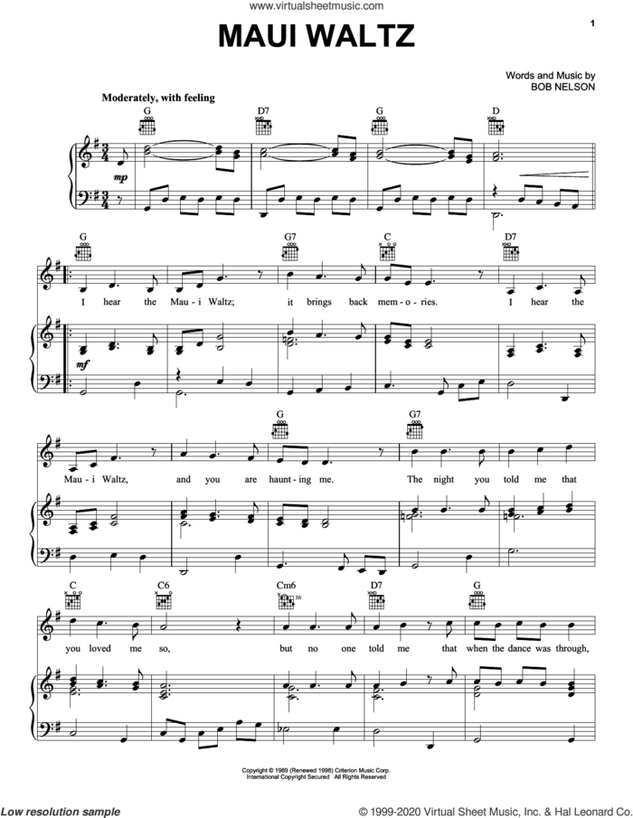 Maui Waltz sheet music for voice, piano or guitar by Bob Nelson, intermediate skill level