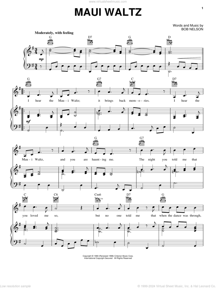Maui Waltz sheet music for voice, piano or guitar by Bob Nelson, intermediate skill level