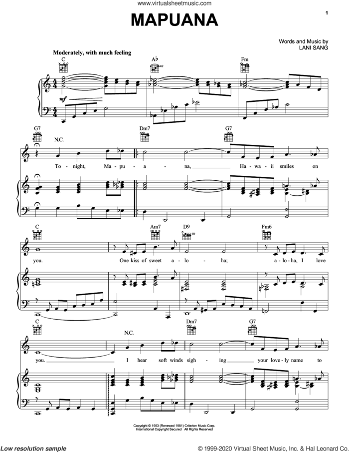 Mapuana sheet music for voice, piano or guitar by Lani Sang, intermediate skill level