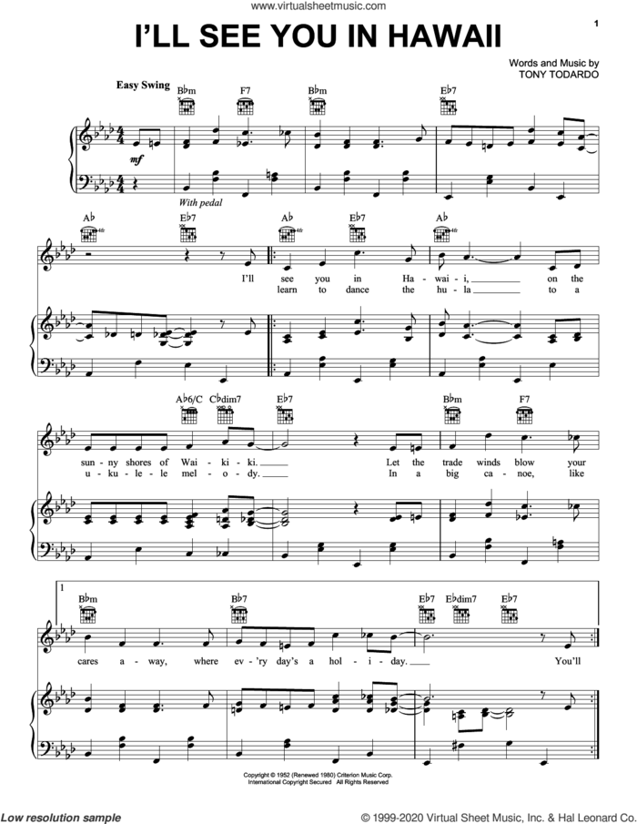 I'll See You In Hawaii sheet music for voice, piano or guitar by Tony Todardo, intermediate skill level