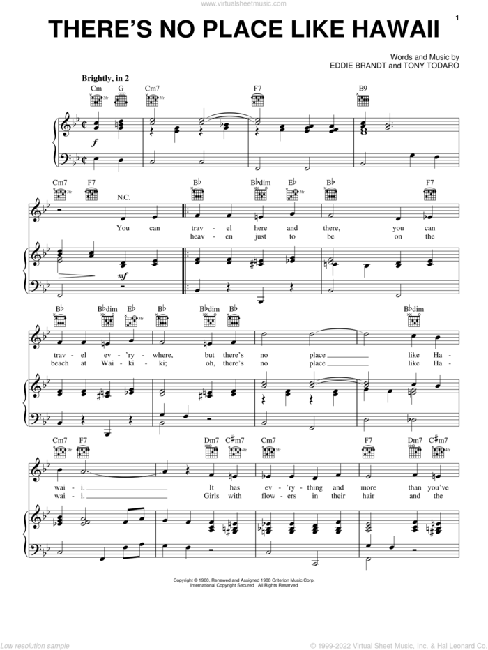 There's No Place Like Hawaii sheet music for voice, piano or guitar by Tony Todaro and Eddie Brandt, intermediate skill level