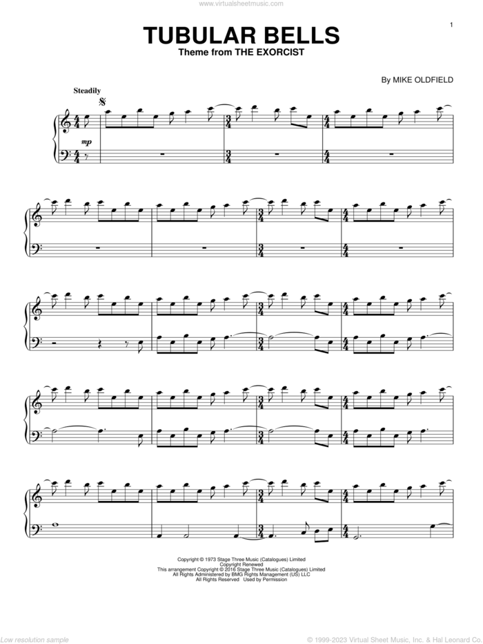 Tubular Bells, (intermediate) sheet music for piano solo by Mike Oldfield, intermediate skill level