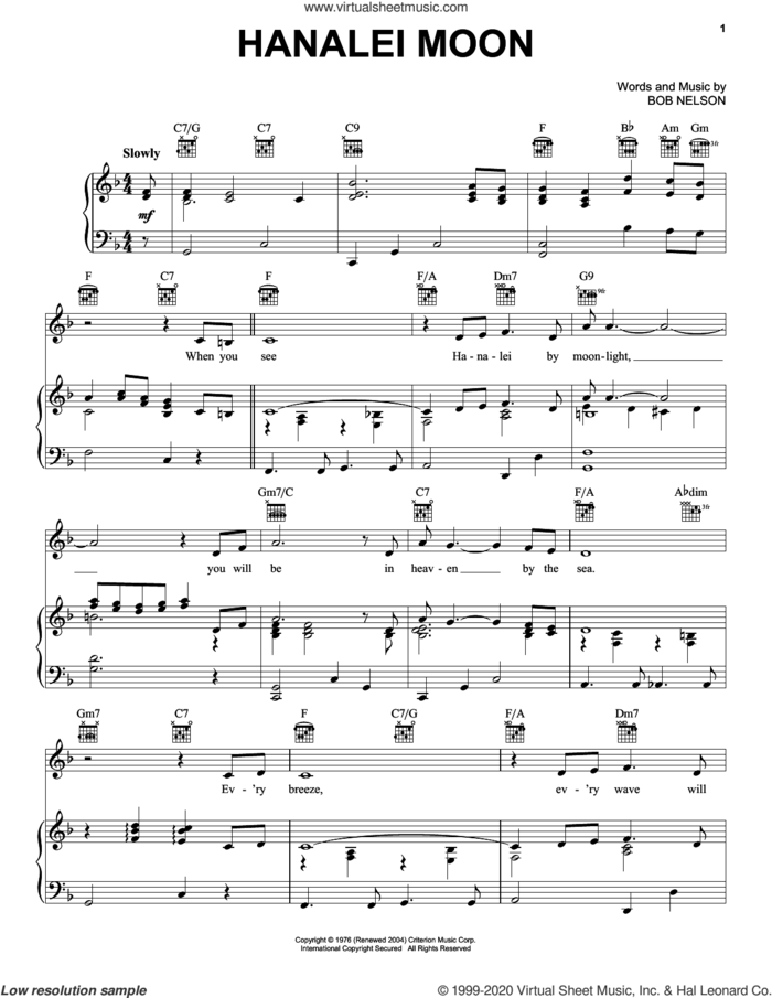 Hanalei Moon sheet music for voice, piano or guitar by Bob Nelson, intermediate skill level