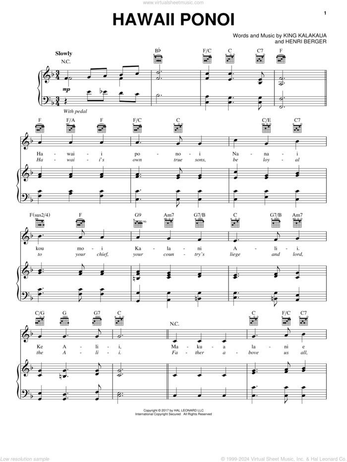 Hawaii Ponoi sheet music for voice, piano or guitar by Henri Berger and King Kalakaua, intermediate skill level