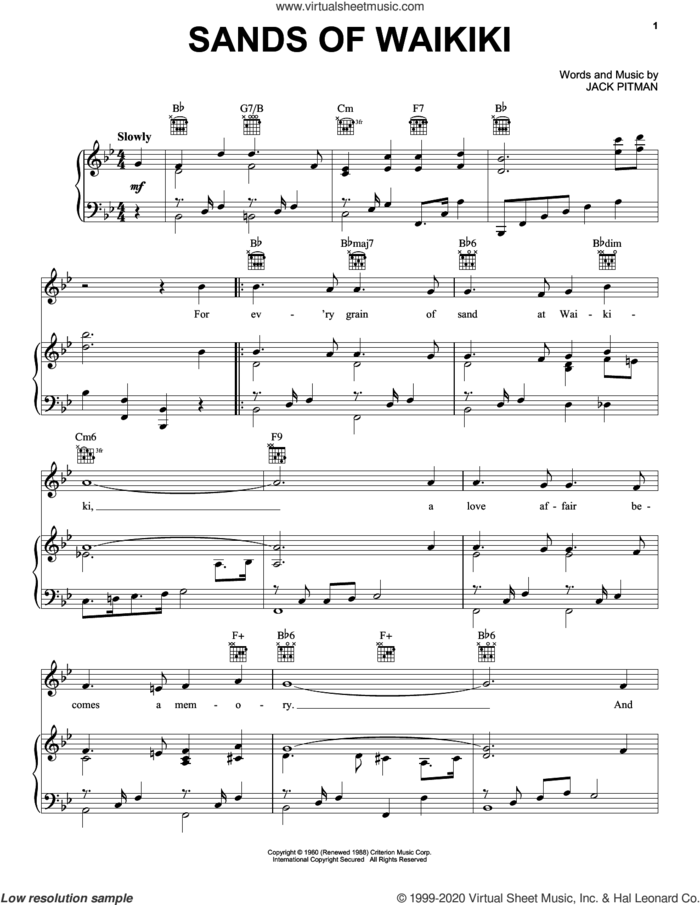 Sands Of Waikiki sheet music for voice, piano or guitar by Jack Pitman, intermediate skill level