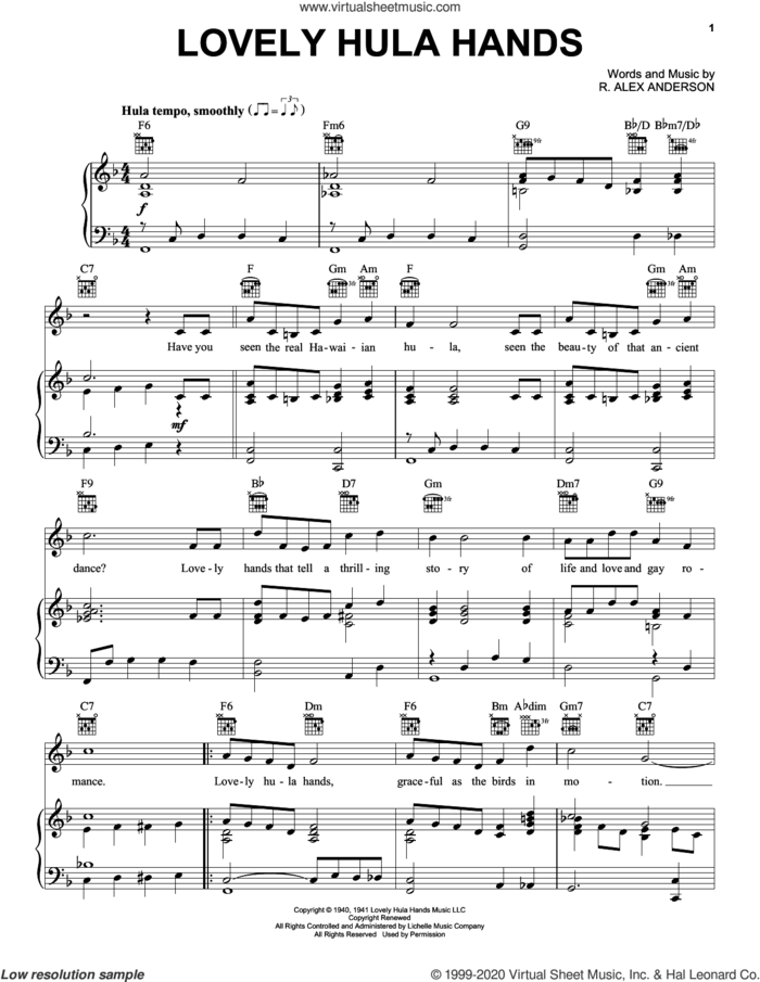 Lovely Hula Hands sheet music for voice, piano or guitar by R. Alex Anderson, intermediate skill level
