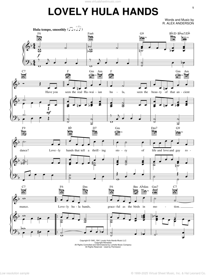 Lovely Hula Hands sheet music for voice, piano or guitar by R. Alex Anderson, intermediate skill level