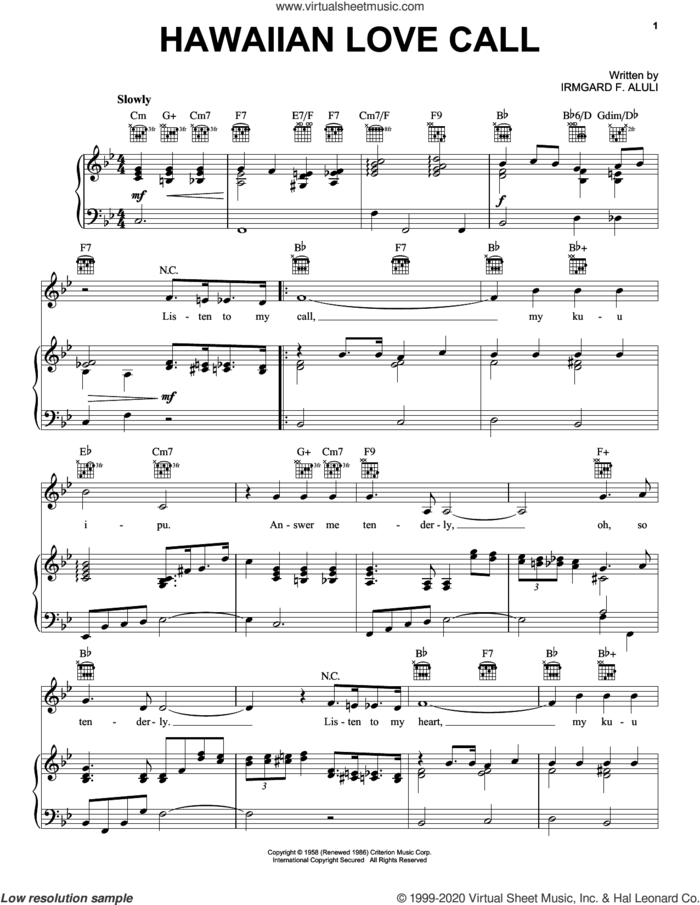 Hawaiian Love Call sheet music for voice, piano or guitar by Irmgard Aluli, intermediate skill level
