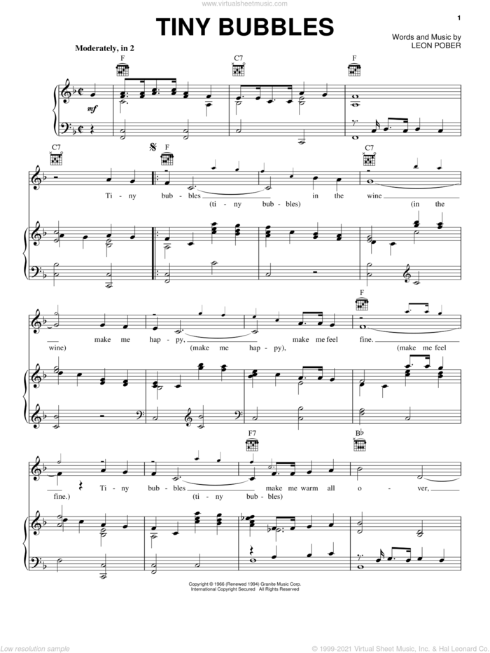 Tiny Bubbles sheet music for voice, piano or guitar by Leon Pober and Don Ho, intermediate skill level