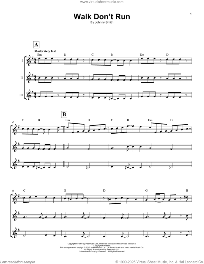 Walk Don't Run sheet music for ukulele ensemble by The Ventures and Johnny Smith, intermediate skill level