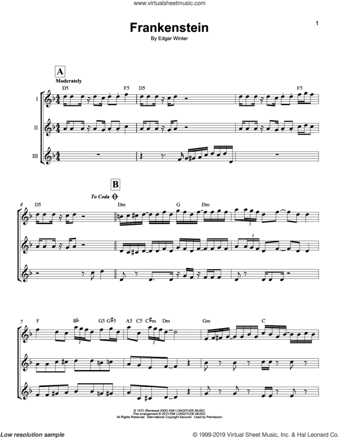 Frankenstein sheet music for ukulele ensemble by The Edgar Winter Group and Edgar Winter, intermediate skill level