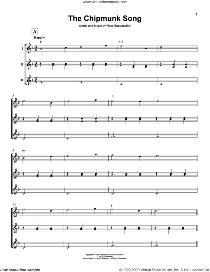 The Chipmunk Song sheet music for ukulele ensemble by The Chipmunks, Alvin And The Chipmunks and Ross Bagdasarian, intermediate skill level