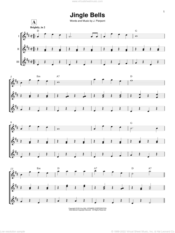 Jingle Bells sheet music for ukulele ensemble by James Pierpont and Alan Jackson, intermediate skill level