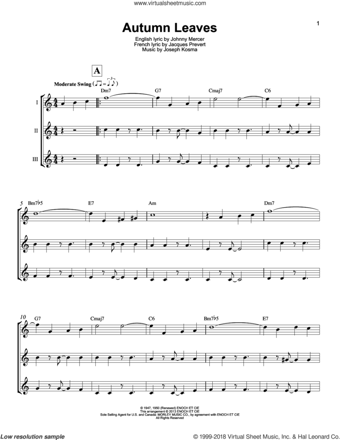 Autumn Leaves sheet music for ukulele ensemble by Johnny Mercer, Mitch Miller, Roger Williams, Jacques Prevert and Joseph Kosma, intermediate skill level