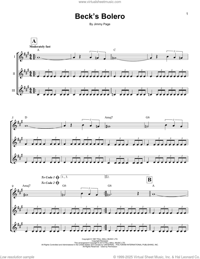 Beck's Bolero sheet music for ukulele ensemble by Jeff Beck and Jimmy Page, intermediate skill level