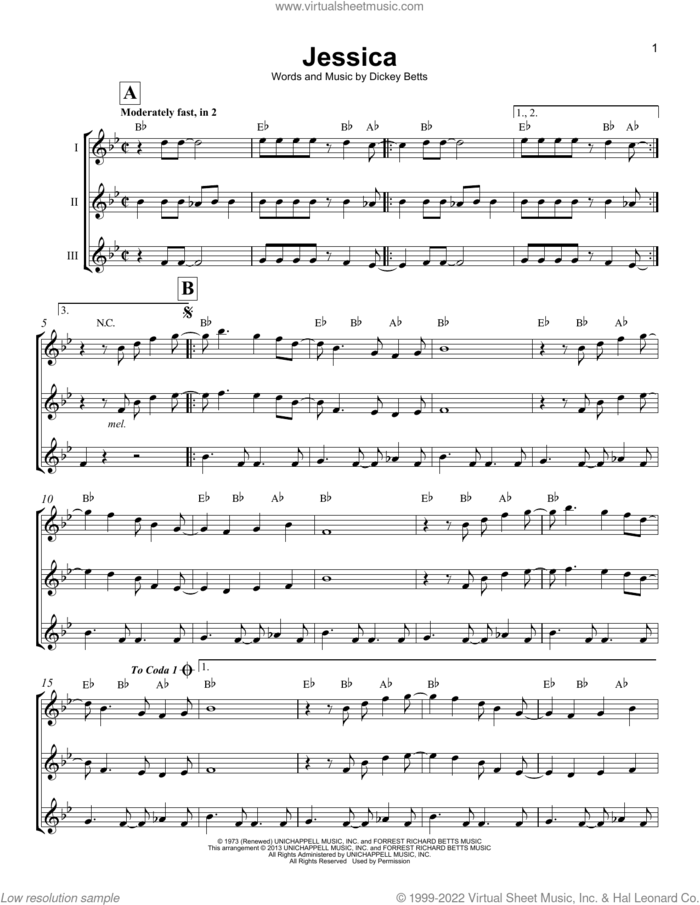 Jessica sheet music for ukulele ensemble by Allman Brothers Band and Dickey Betts, intermediate skill level