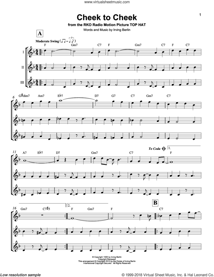 Cheek To Cheek sheet music for ukulele ensemble by Irving Berlin and Fred Astaire, intermediate skill level