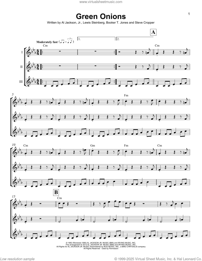 Green Onions sheet music for ukulele ensemble by Booker T. & The MG's, Al Jackson, Jr., Booker T. Jones, Lewis Steinberg and Steve Cropper, intermediate skill level