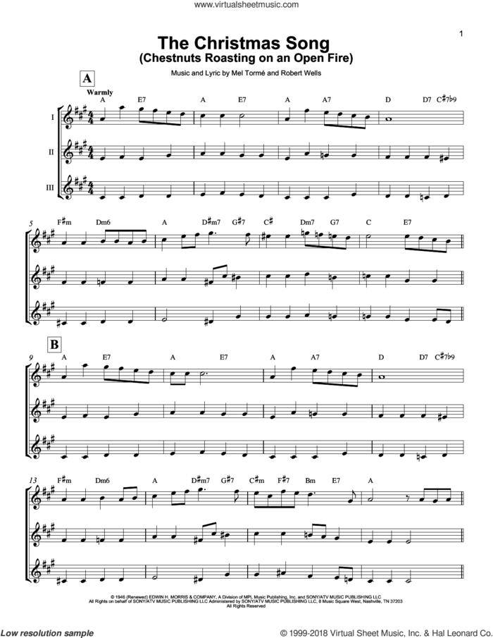 The Christmas Song (Chestnuts Roasting On An Open Fire) sheet music for ukulele ensemble by Mel Torme and Robert Wells, intermediate skill level
