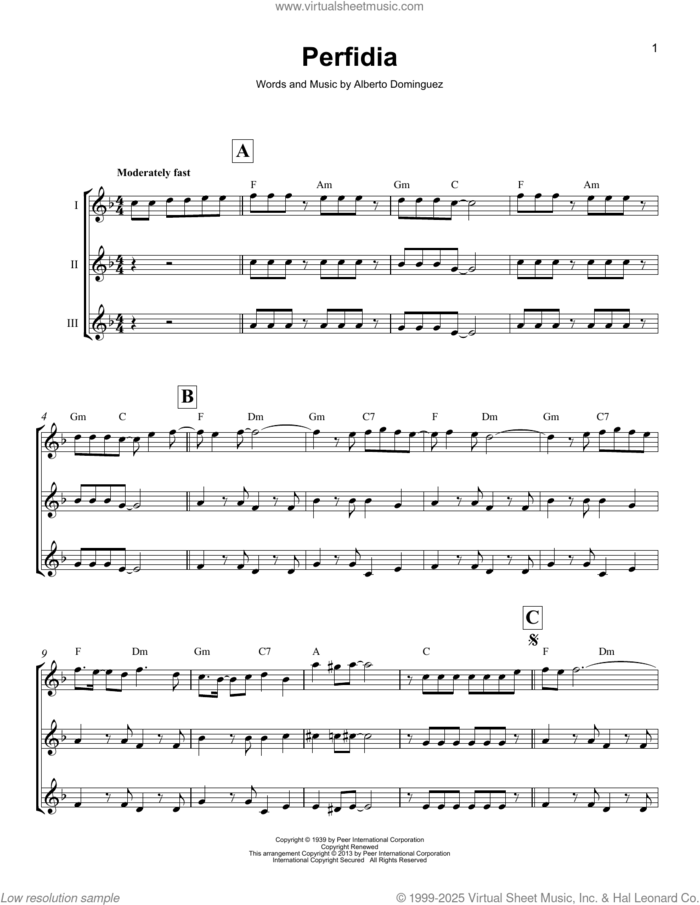 Perfidia sheet music for ukulele ensemble by The Ventures and Alberto Dominguez, intermediate skill level