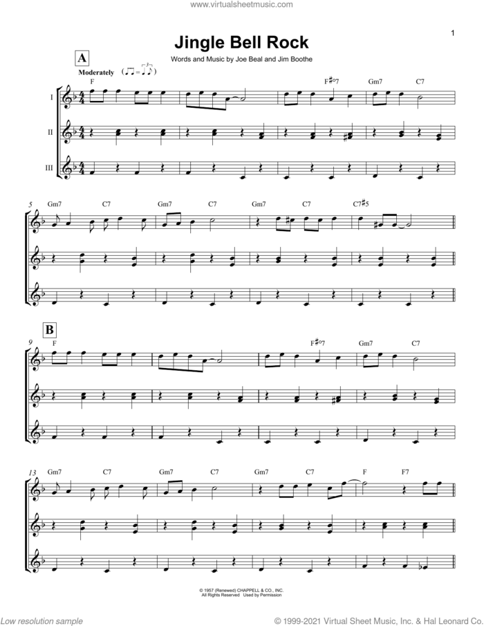 Jingle Bell Rock sheet music for ukulele ensemble by Bobby Helms, Jim Boothe and Joe Beal, intermediate skill level