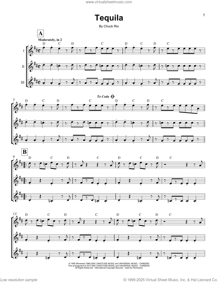 Tequila sheet music for ukulele ensemble by The Champs and Chuck Rio, intermediate skill level