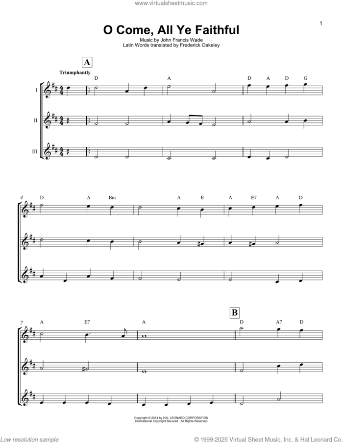 O Come, All Ye Faithful (Adeste Fideles) sheet music for ukulele ensemble by John Francis Wade and Frederick Oakeley (English), intermediate skill level